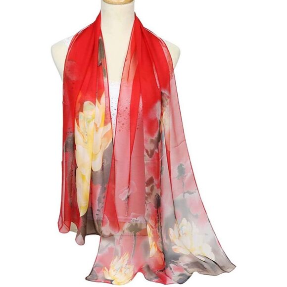 Scarfs Lightweight Print Floral Ink Lotus&red - Picture 3 of 4